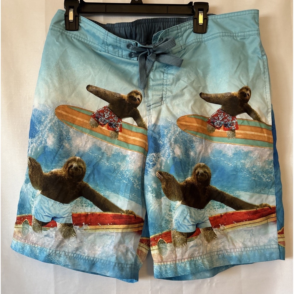 Mens Blue Sloth Wave Surfing Surf Board E-Board‎ Swim Trunks Large 36 Waist